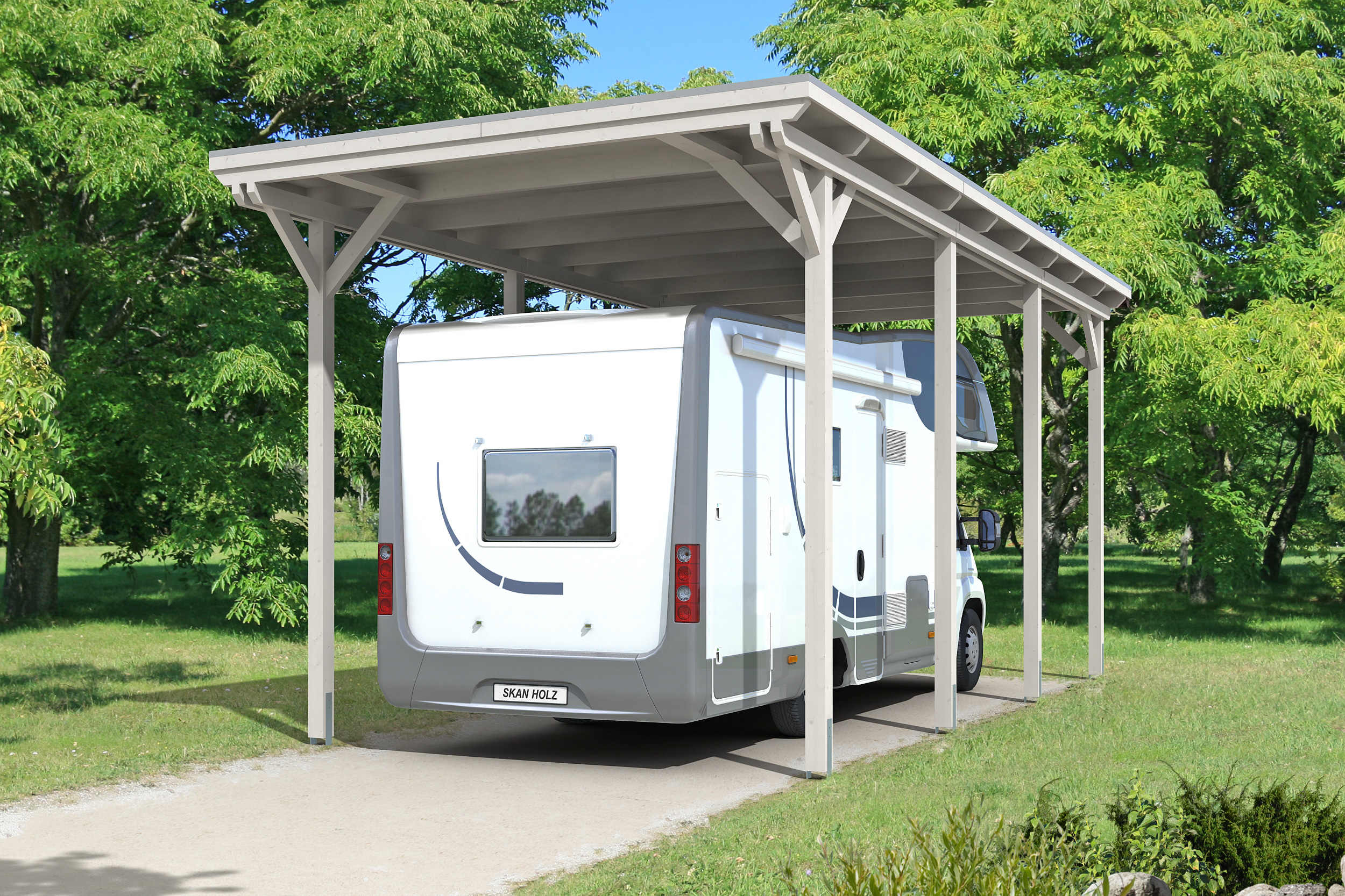Skan Holz Caravan-Carport Emsland 404x846 cm mit erhöhter Einfahrt-weiß Holzcarport