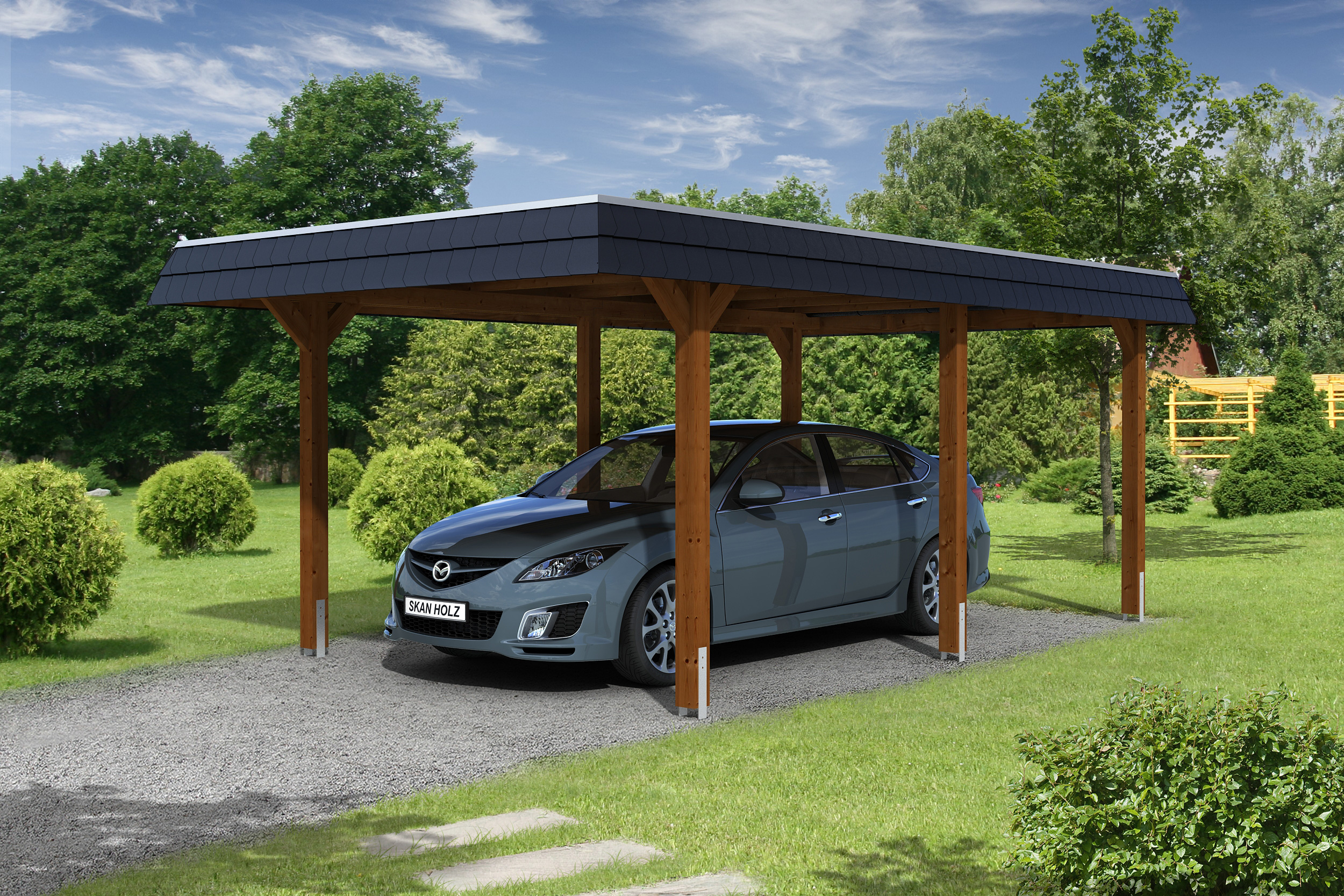 Skan Holz Walmdach Carport 362cm schwarze Blende Gr 1 nussbaum Holzcarport