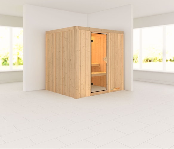 Karibu Sauna Sodin mit Fronteinstieg 68 mm inkl. gratis 9 kW Bio-Saunaofen im Wert von 879,99 €