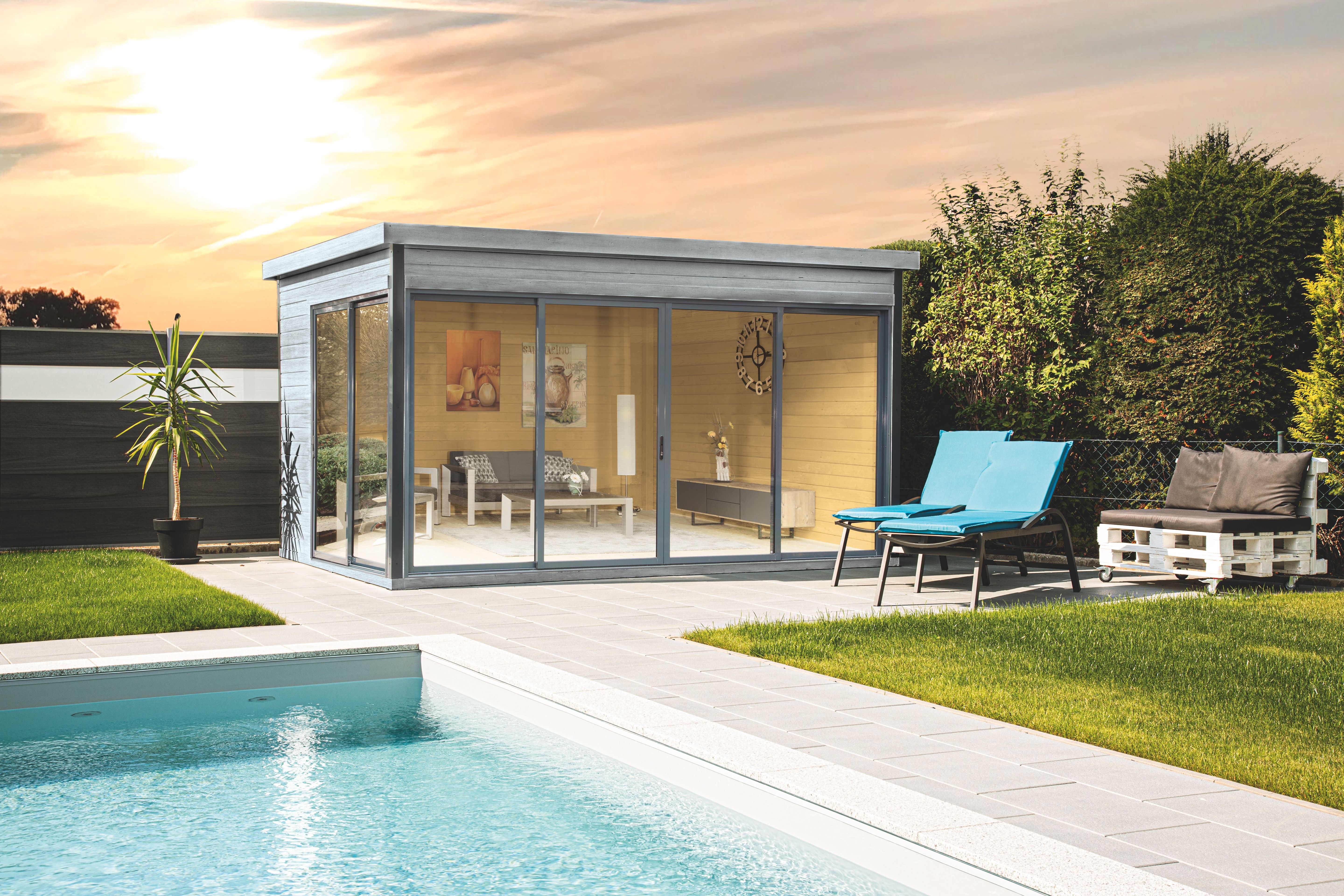 Wolff Finnhaus Gartenhaus Studio 44-D mit Alu-Eckverkleidung/Schiebetür