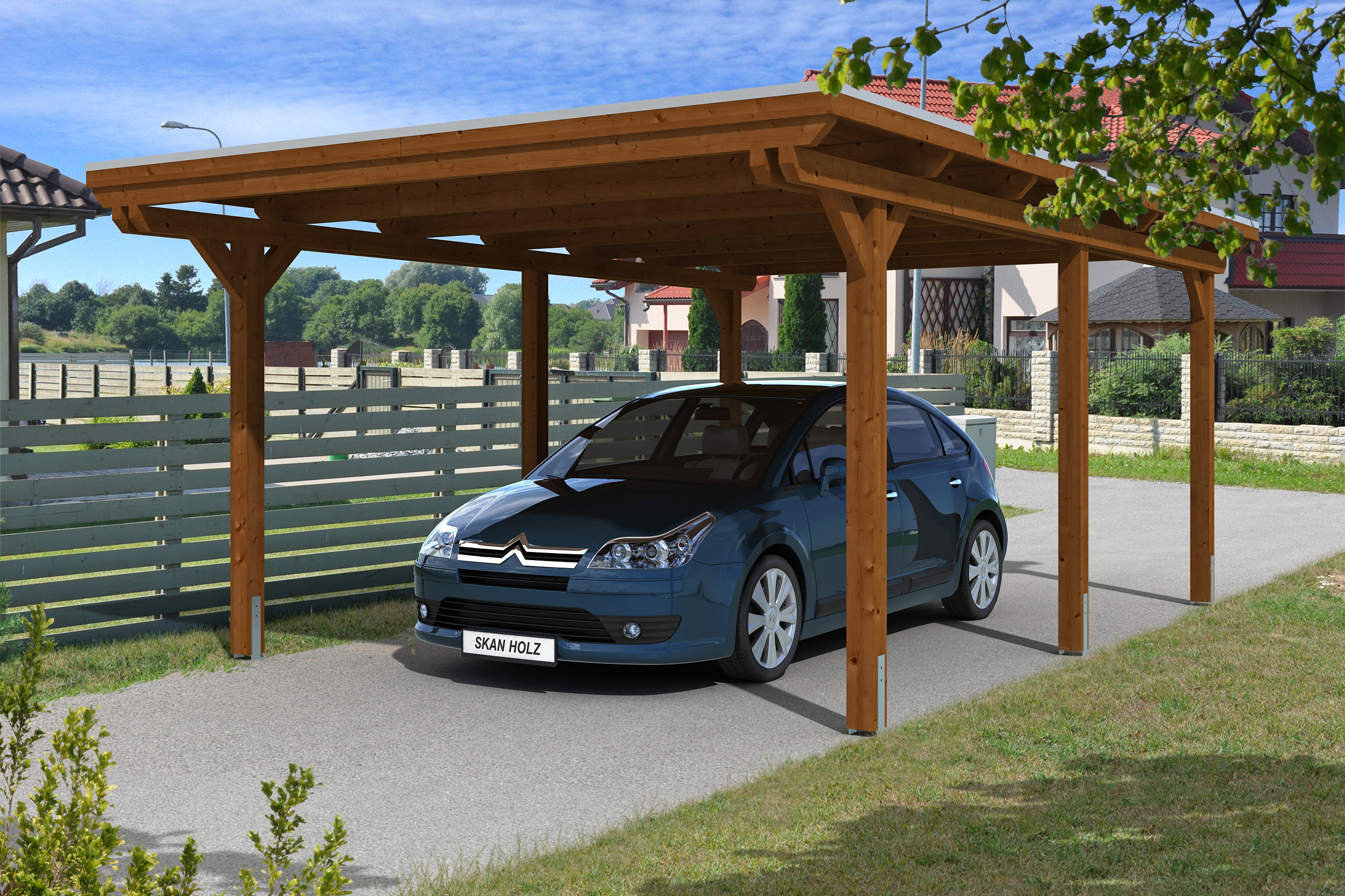 Skan Holz Emsland Flachdach Carport-404x604cm-nussbaum Holzcarport