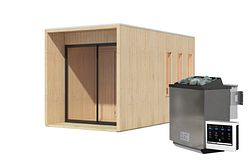 Karibu Design Saunahaus Miramar mit Vorraum - 73 mm naturbelassen Inkl. Terrasse 9 kW Bio-Kombiofen inkl. Steuergerät