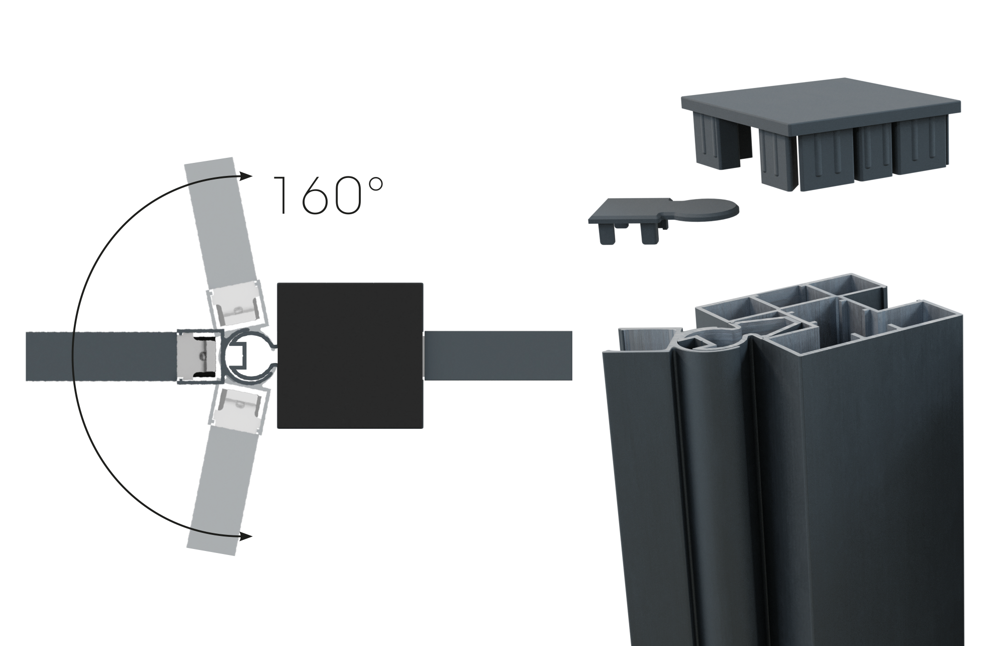 Fiberdeck BOSTON Befestigungsmaterial Eckprofil RAL9005 Abschlußkappe+ Schrauben