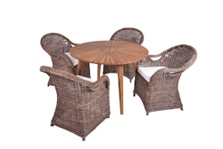 Garden Pleasure Tischgruppe FREMONT / BREST, Tisch Ø 110 + 4 Sessel, Akazie / Kubu Rattan / Kissen 100 % Polyester
