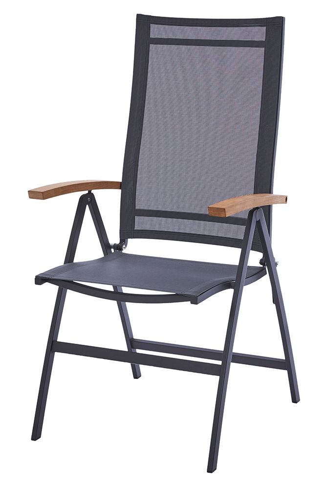 Diamond Garden Hochlehner VALENCIA, Edelstahl Dunkelgrau / Sunproof Sling Schwarz/Silber / Teak-Armlehnen