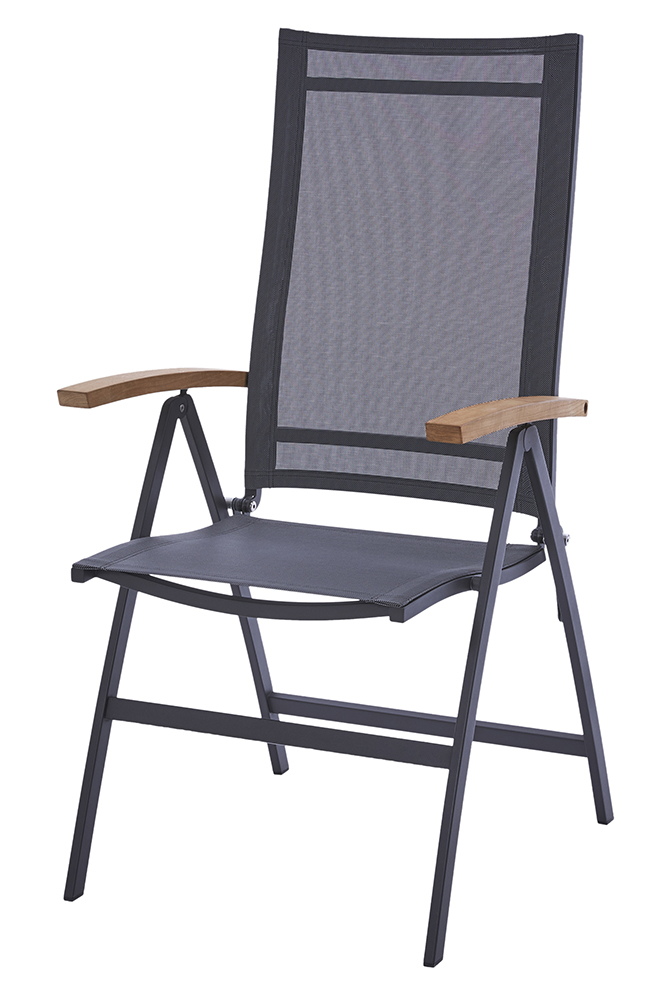 Diamond Garden Hochlehner VALENCIA, Edelstahl Dunkelgrau / Sunproof Sling Schwarz/Silber / Teak-Armlehnen