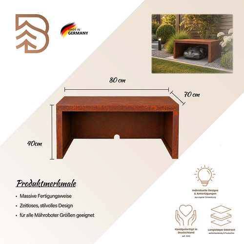 Badeko Mährobotergarage in Edelrostoptik mit Metallabdeckung H 40 cm, B 80 cm, T 70 cm