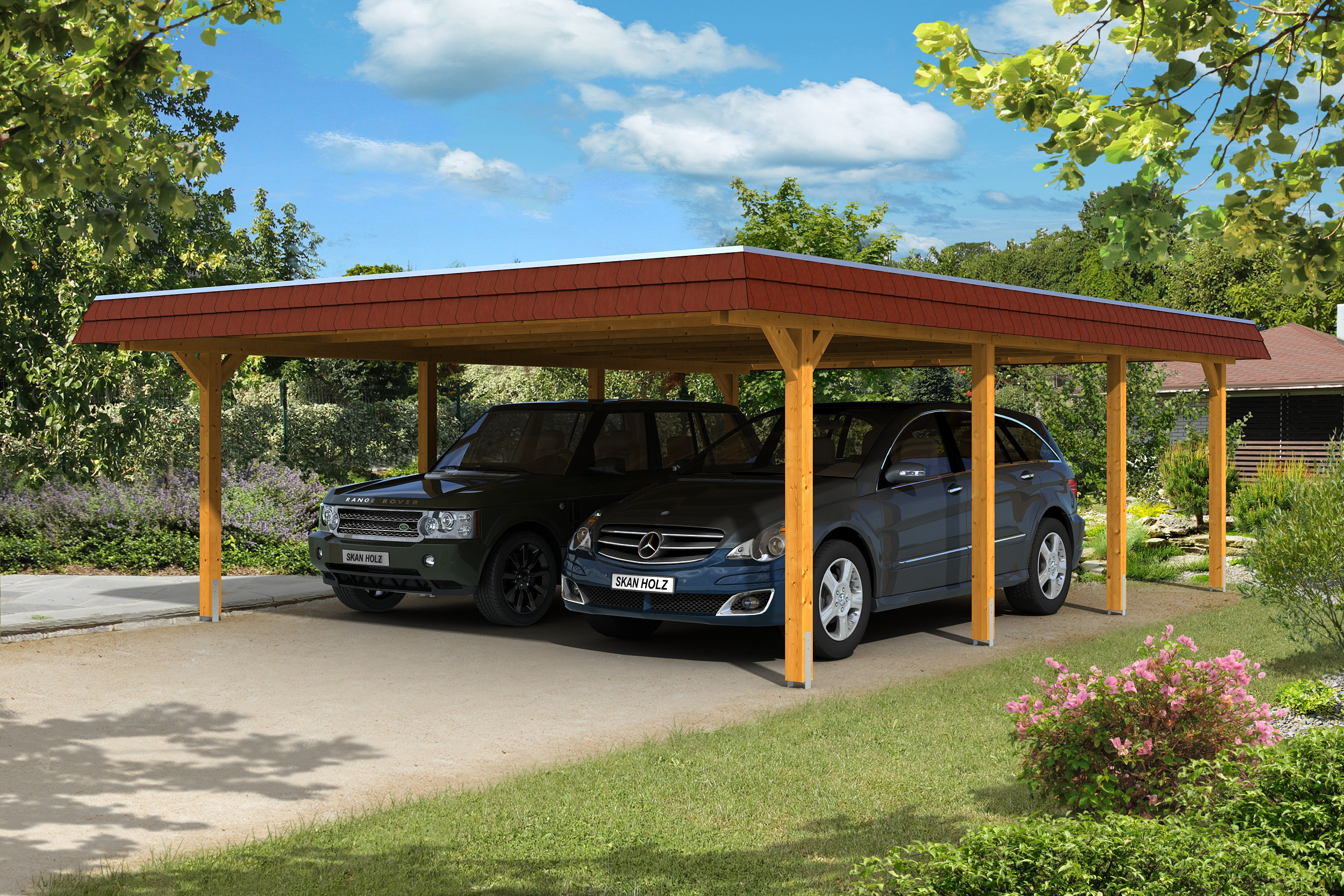 Thumbnail - Carport Wendland 630x879 rote Blende, eiche hell, 20mm Dachschalung mit EPDM Folie Holzcarport