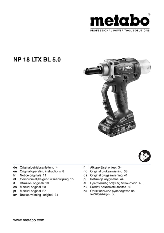Bedienungsanleitung fÃ¼r Metabo Akku-Blindnietpistole NP 18 LTX BL 5.0