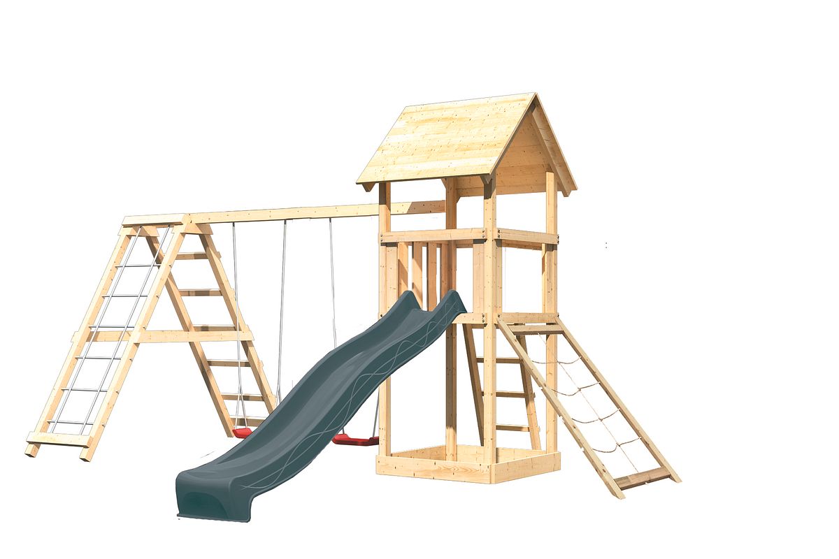 Akubi Kinderspielturm Lotti mit Satteldach inkl. Wellenrutsche anthrazit, Doppelschaukelanbau, Klettergerüst und Netzrampe