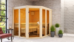 Karibu Sauna Araya Superior mit Eckeinstieg 68 mm Aktionsangebot inkl. gratis Sauna-Zubehörset im Wert von 234,94 €