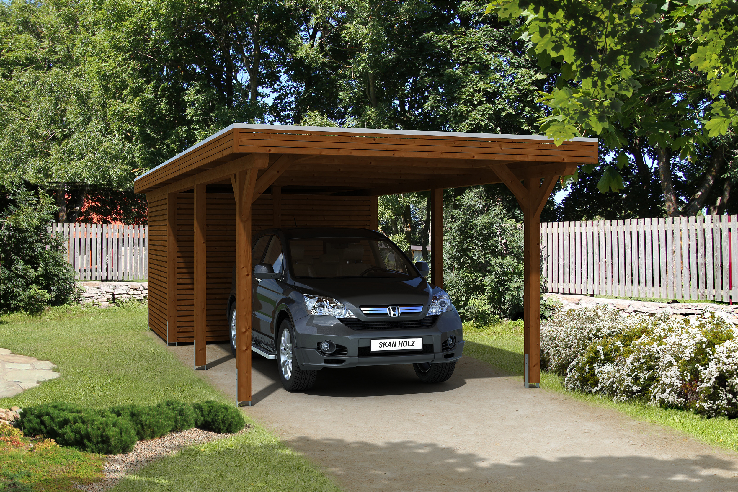Skan Holz Spessart Einzelcarport mit Abstellraum Gr.2 355x846cm nussbaum Holzcarport
