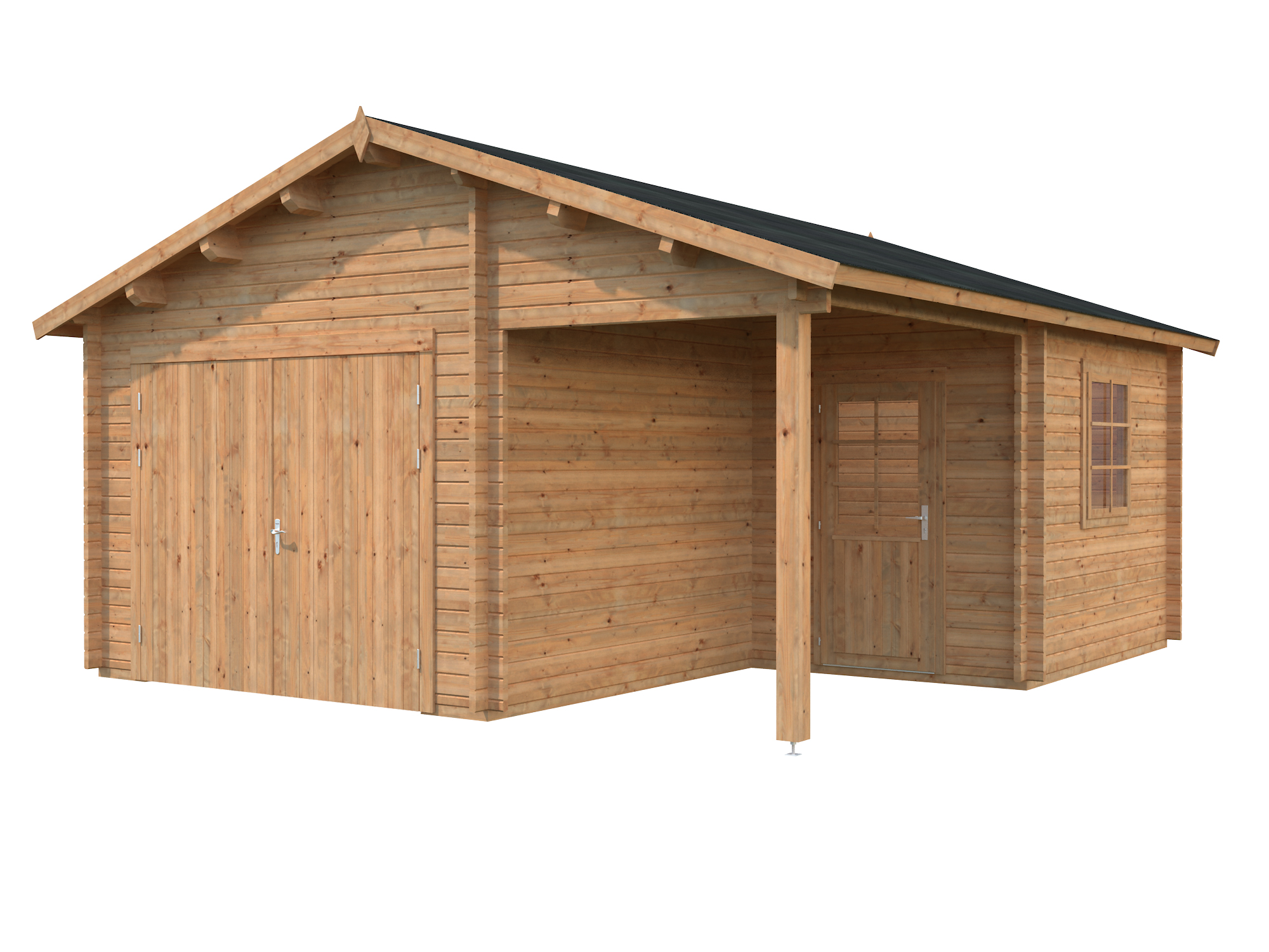Palmako Garage Roger 21,9+5,2 m² - 44 mm - mit Holztor Hellbraun tauchimprägniert