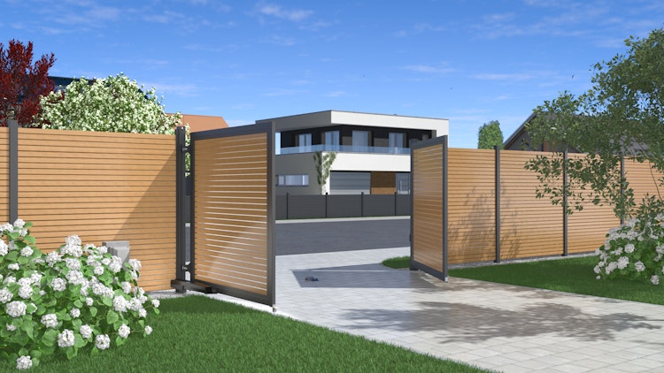 TraumGarten SYSTEM / DESIGN Alu Doppeltor auf Maß mit E-Antrieb