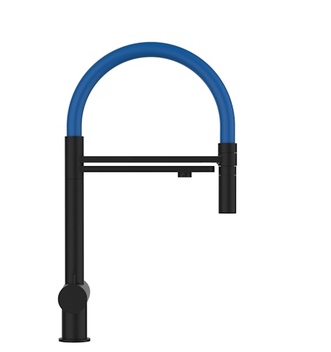 Kurzversion 45 cm - 3 Wege Wasserhahn Küchenarmatur, Edelstahl Massiv mit 360° schwenkbarem Auslauf und abnehmbare 2 strahl Handbrause, PVD Schwarz Matt / Blau