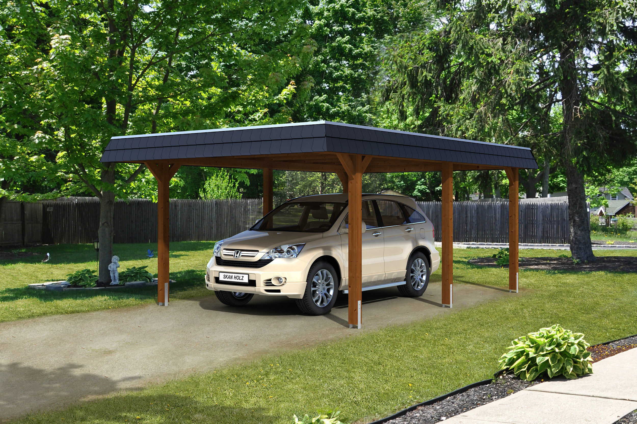 Skan Holz Walmdach Carport 409cm nussbaum Gr 1 schwarze Blende Holzcarport