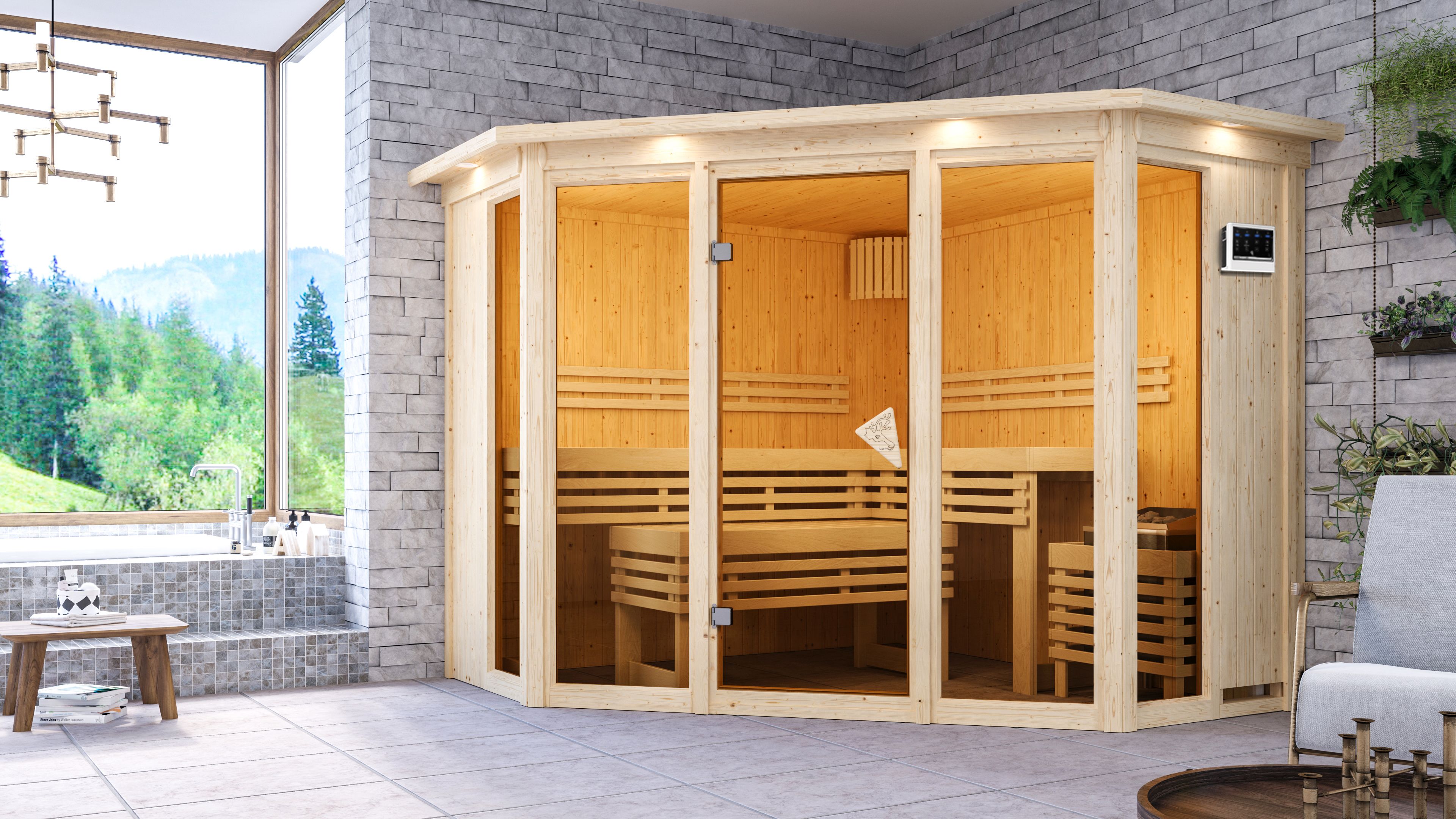 Karibu Sauna Alcinda 2 Superior mit Eckeinstieg 68 mm