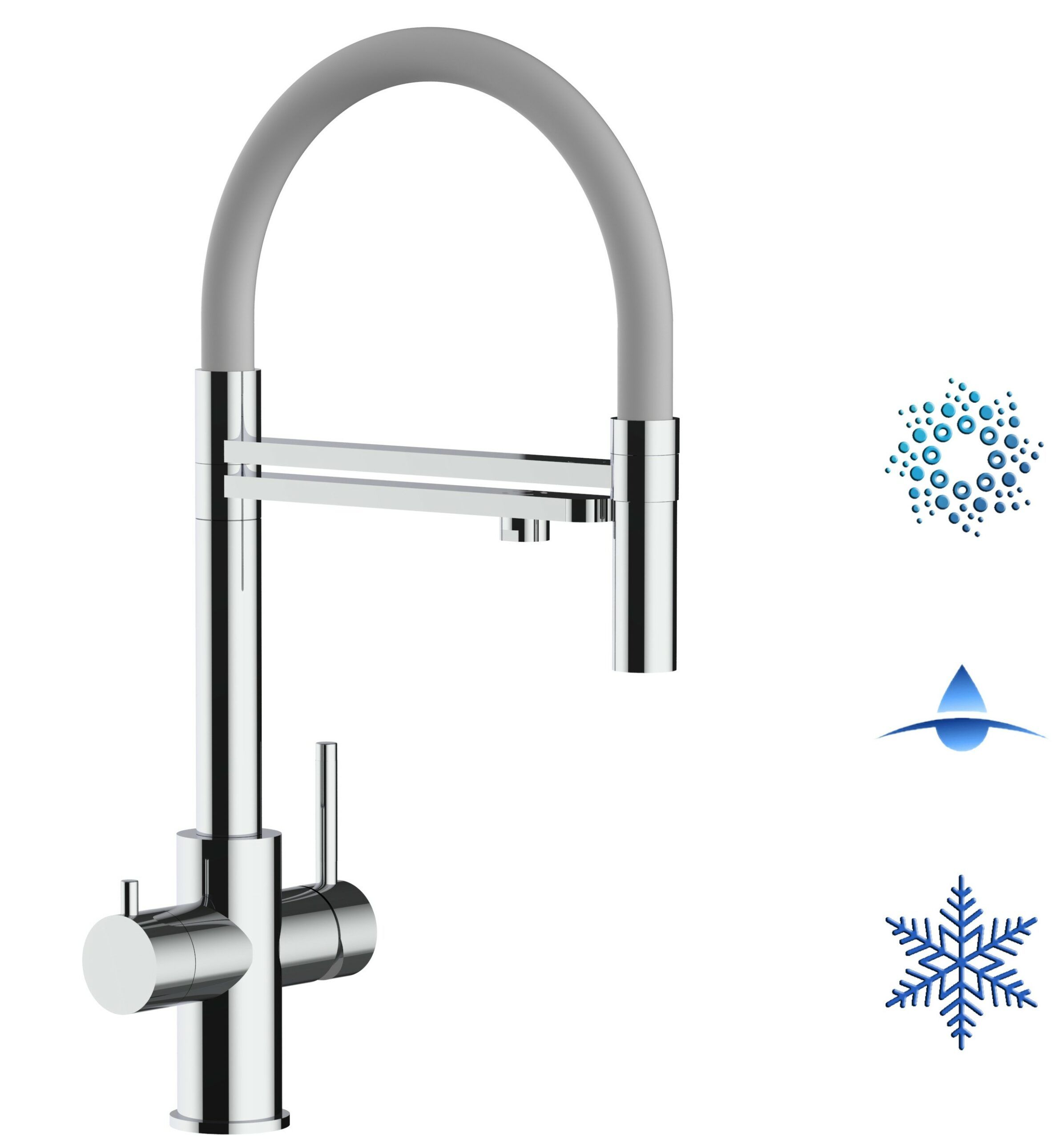 Kurzversion 47 cm - 5 Wege Wasserhahn Küchenarmatur, Edelstahl Massiv mit 360° schwenkbarem Auslauf, abnehmbare 2 strahl Handbrause, Hochglanz / Grau