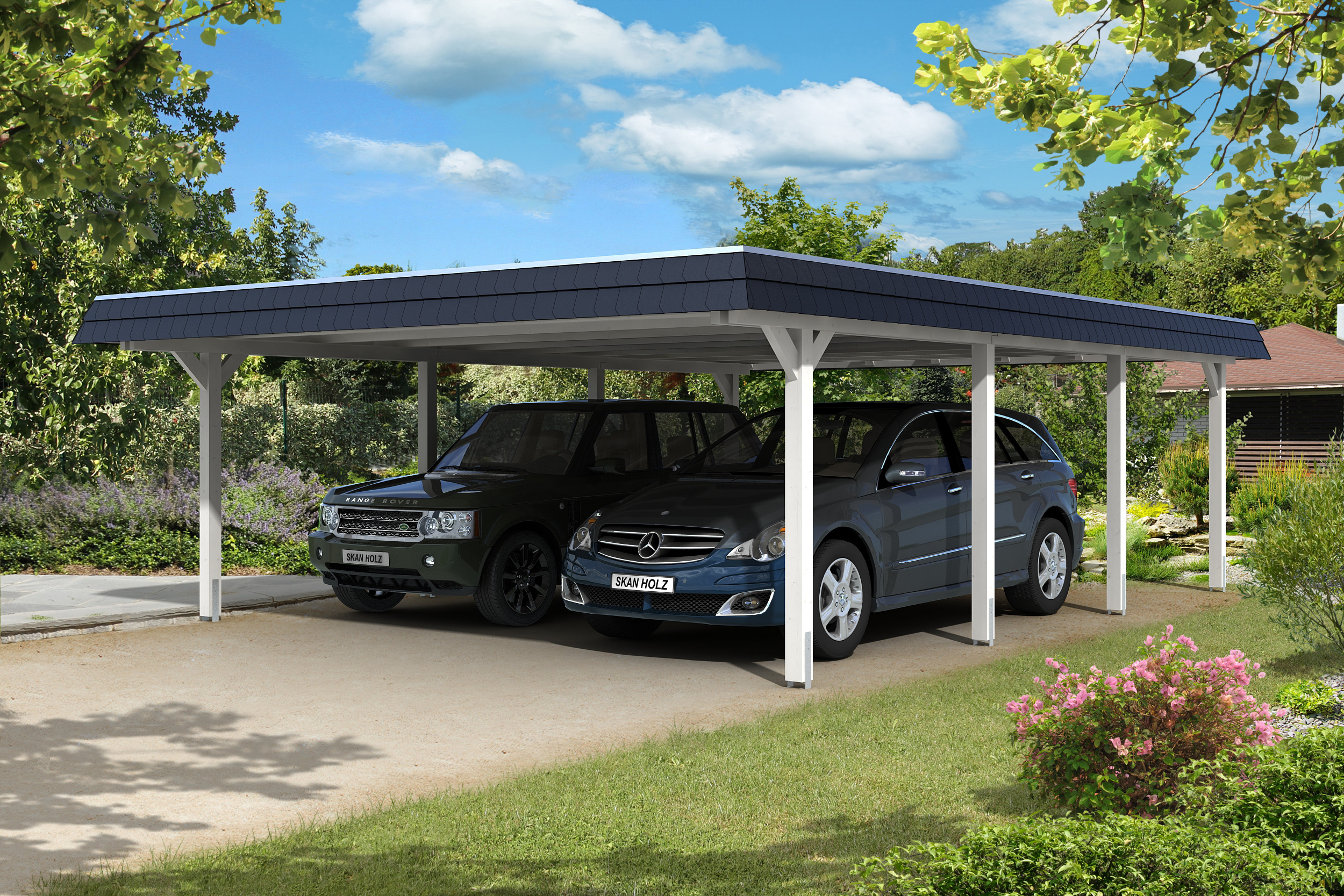 Skan Holz Walmdach Carport 630cm schwarze Blende Gr 2 weiß Holzcarport