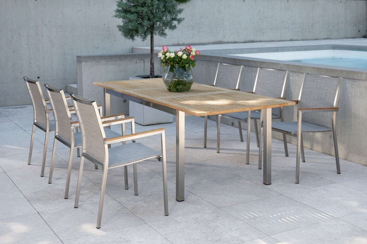 STERN Gartenmöbel-Set POLARIS 3, Ausziehtisch 162/220 x 90 + 6 Stapelsessel, Edelstahl / Teak