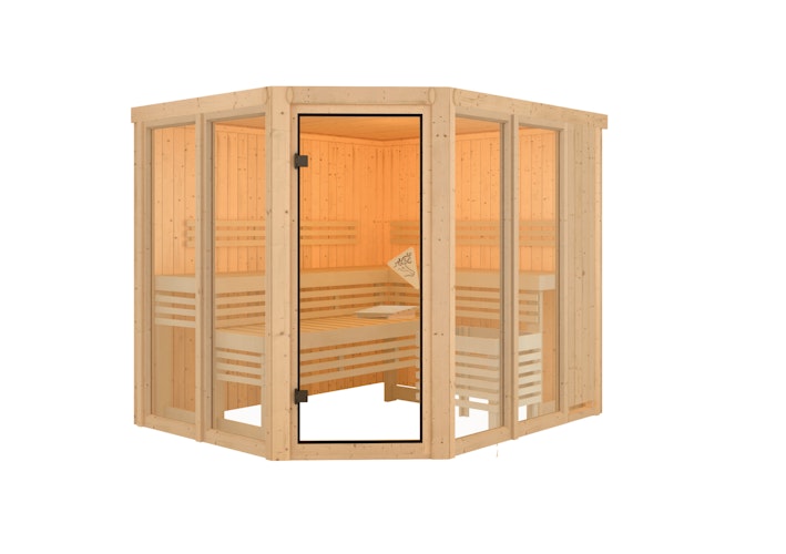 Karibu Sauna Araya Superior mit Eckeinstieg 68 mm Aktionsangebot inkl. gratis Sauna-Zubehörset im Wert von 234,94 €