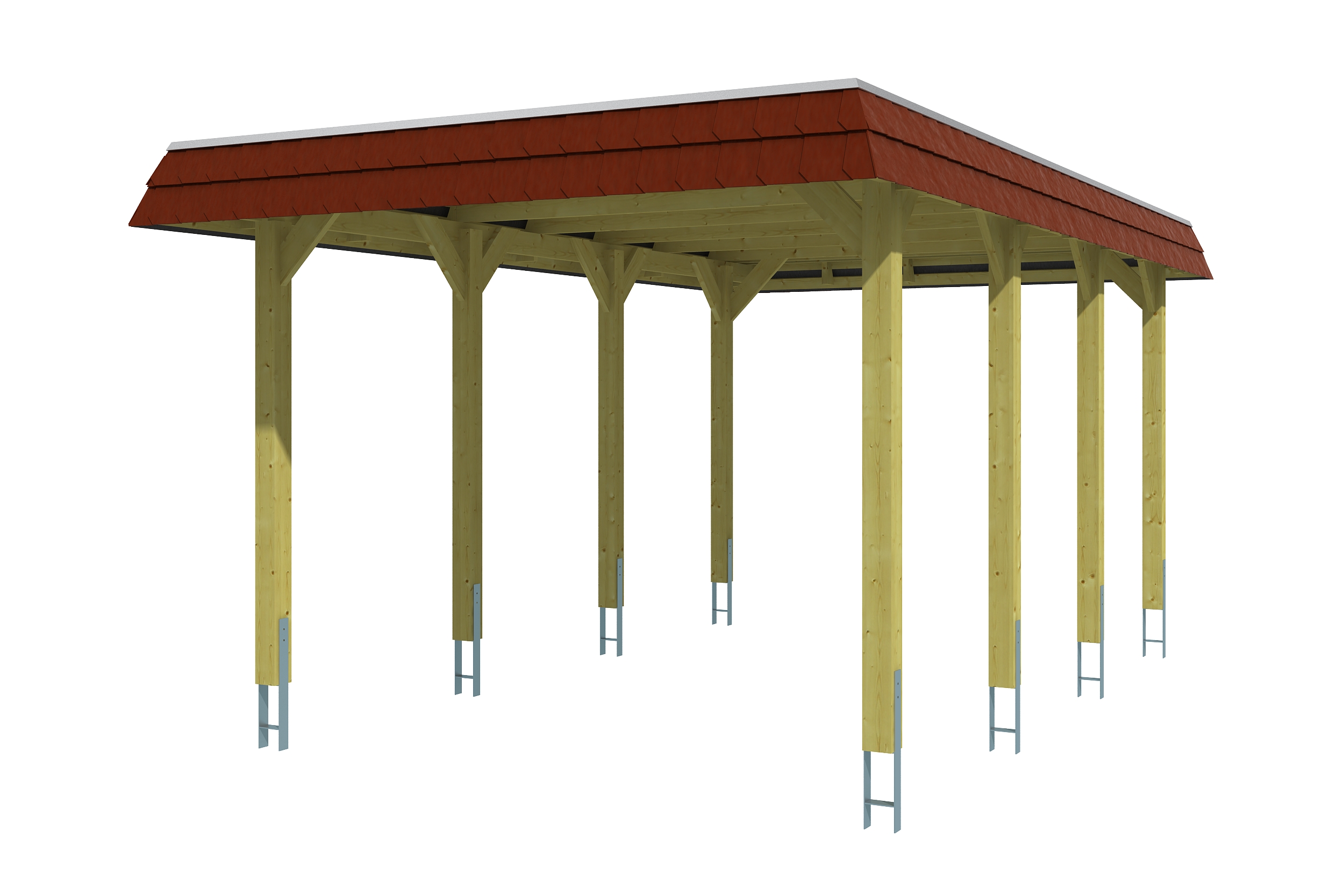 Skan Holz Walmdach Carport-345x589-rote Blende-nussbaum Holzcarport