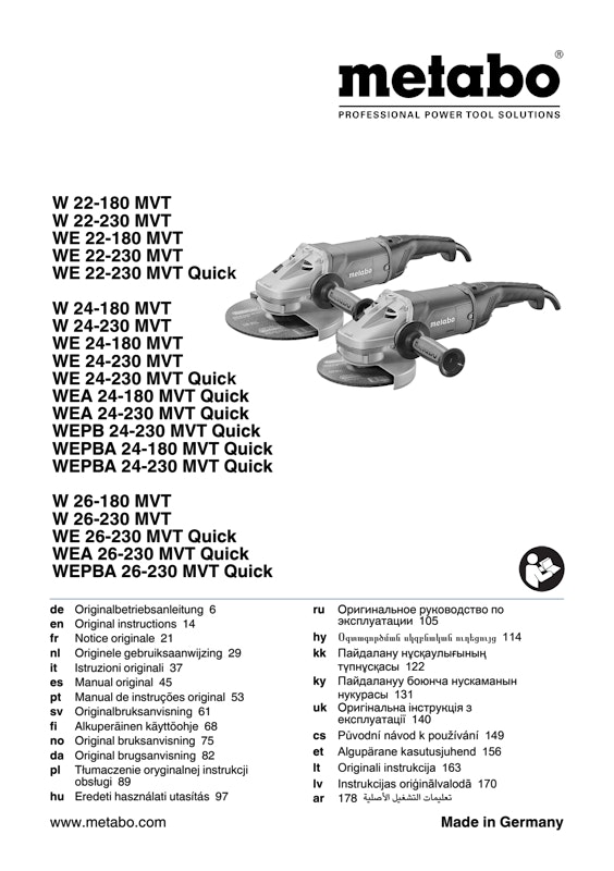 Bedienungsanleitung fÃ¼r Metabo Winkelschleifer WEPBA 24-180 MVT Quick