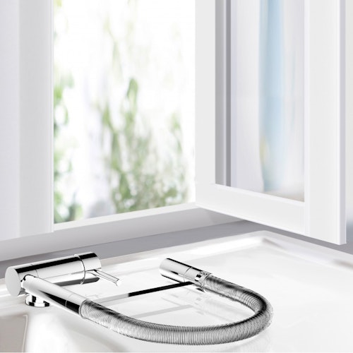 Wasserhahn Vorfenster Küchenarmatur, Umklappbar 6 CM, mit 360° schwenkbarem Auslauf, abnehmbare 2 strahl Handbrause, Verchromt