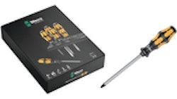 Wera Schraubendrehersatz Bestehend aus:nje 1x Kreuz: PH1 x 80 mm - PH2 x 100 mm - PH3 x 150 mmnje 1x Schlitz: 3,5 x 80 mm - 4,5 x 90 mm - 5,5 x 100 mm - 7,0 x 125 mm