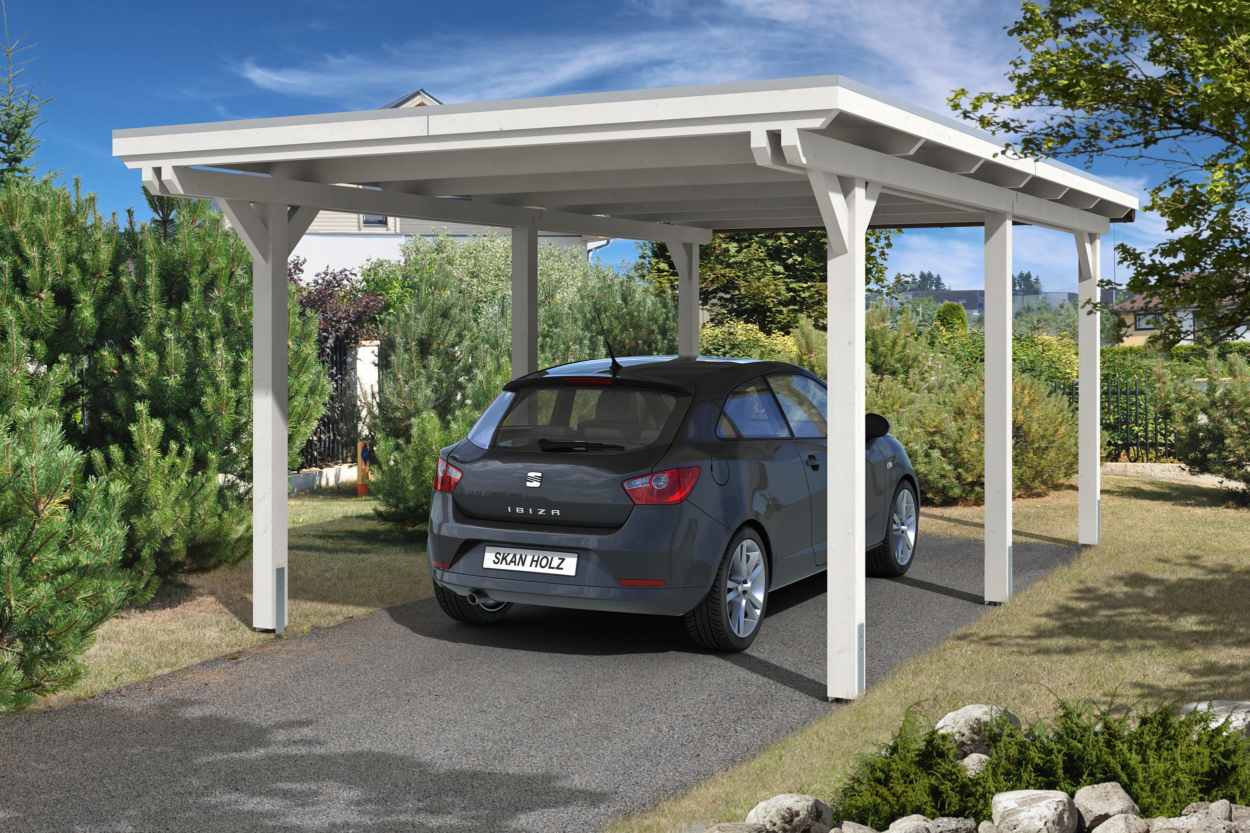 Skan Holz Emsland Flachdach Carport-354x604cm-weiß-Aludach Holzcarport