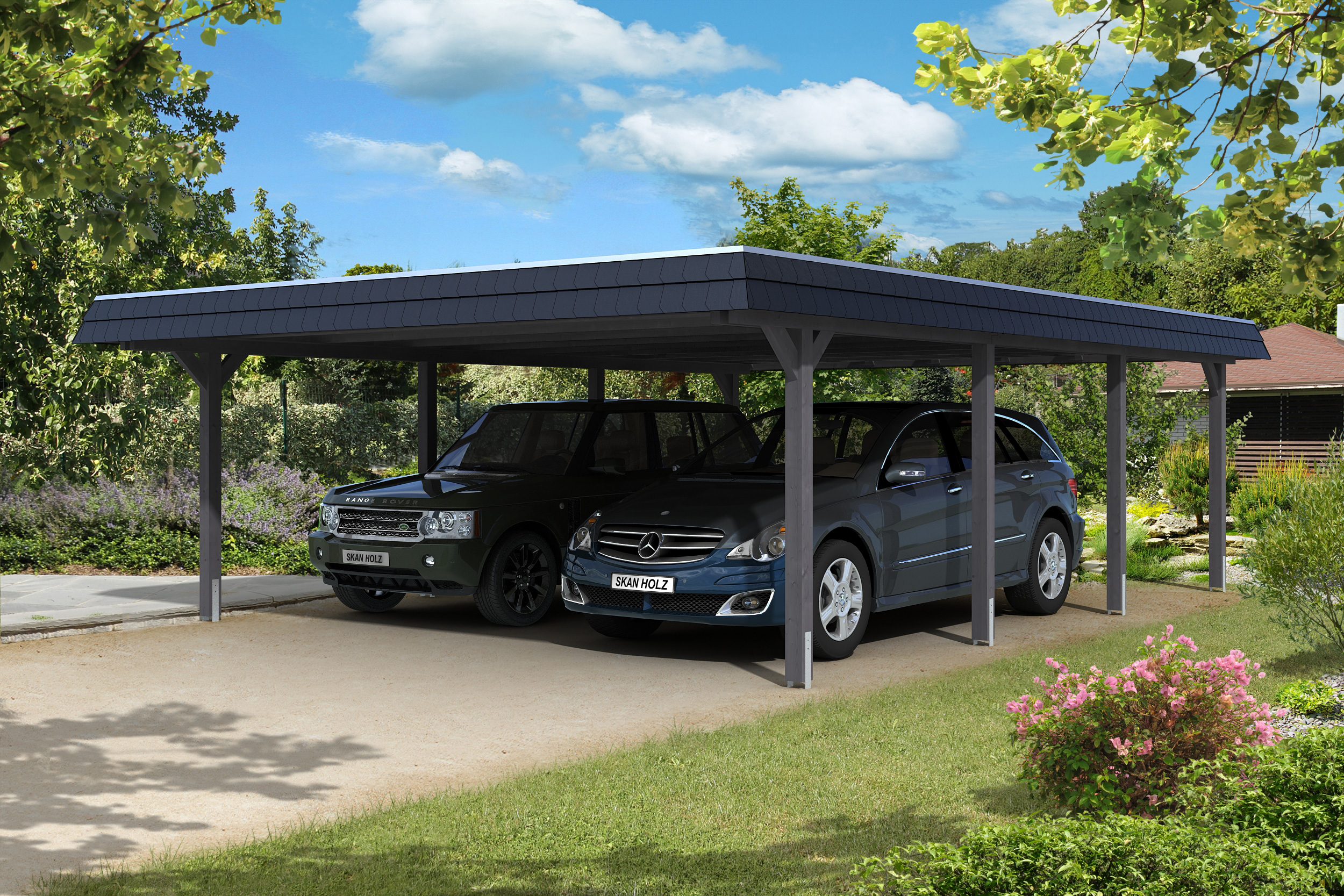 Skan Holz Walmdach Carport 630cm schwarze Blende Gr 2 grau Holzcarport