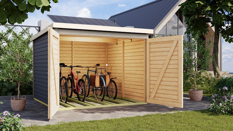 Karibu Fahrradgarage 3/4 inkl. Fahrradschienen (für 3 oder 4 Fahrräder) - 19 mm - mit Solarpaket