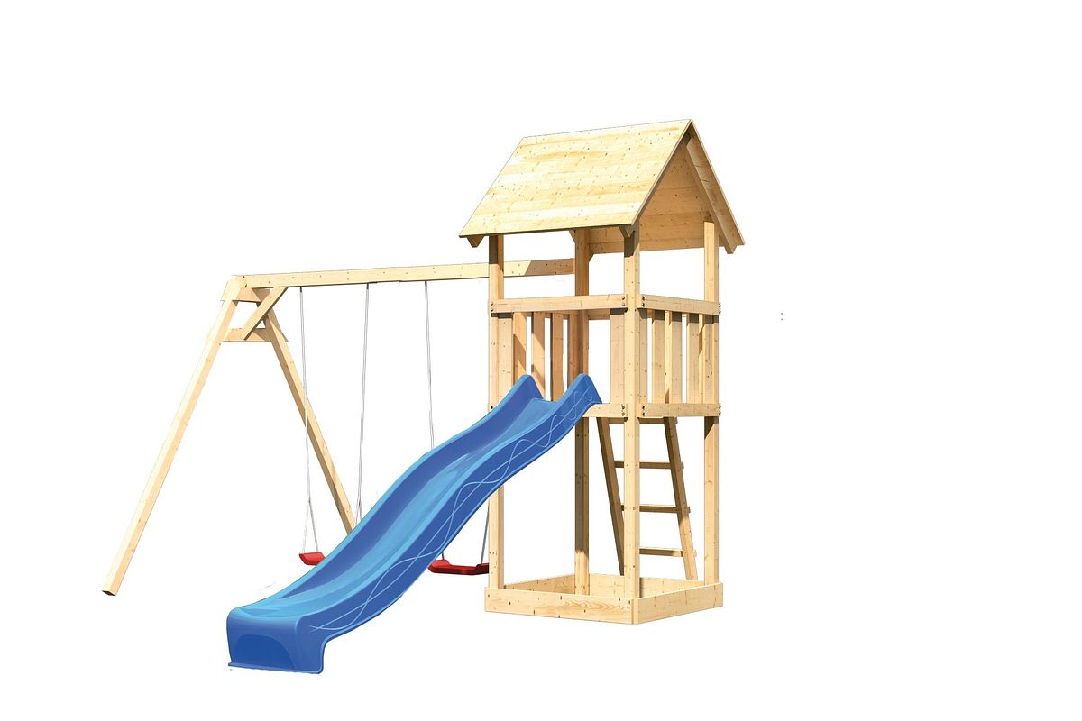 Akubi Kinderspielturm Lotti mit Satteldach inkl. Wellenrutsche und Doppelschaukelanbau (Set B)-blau