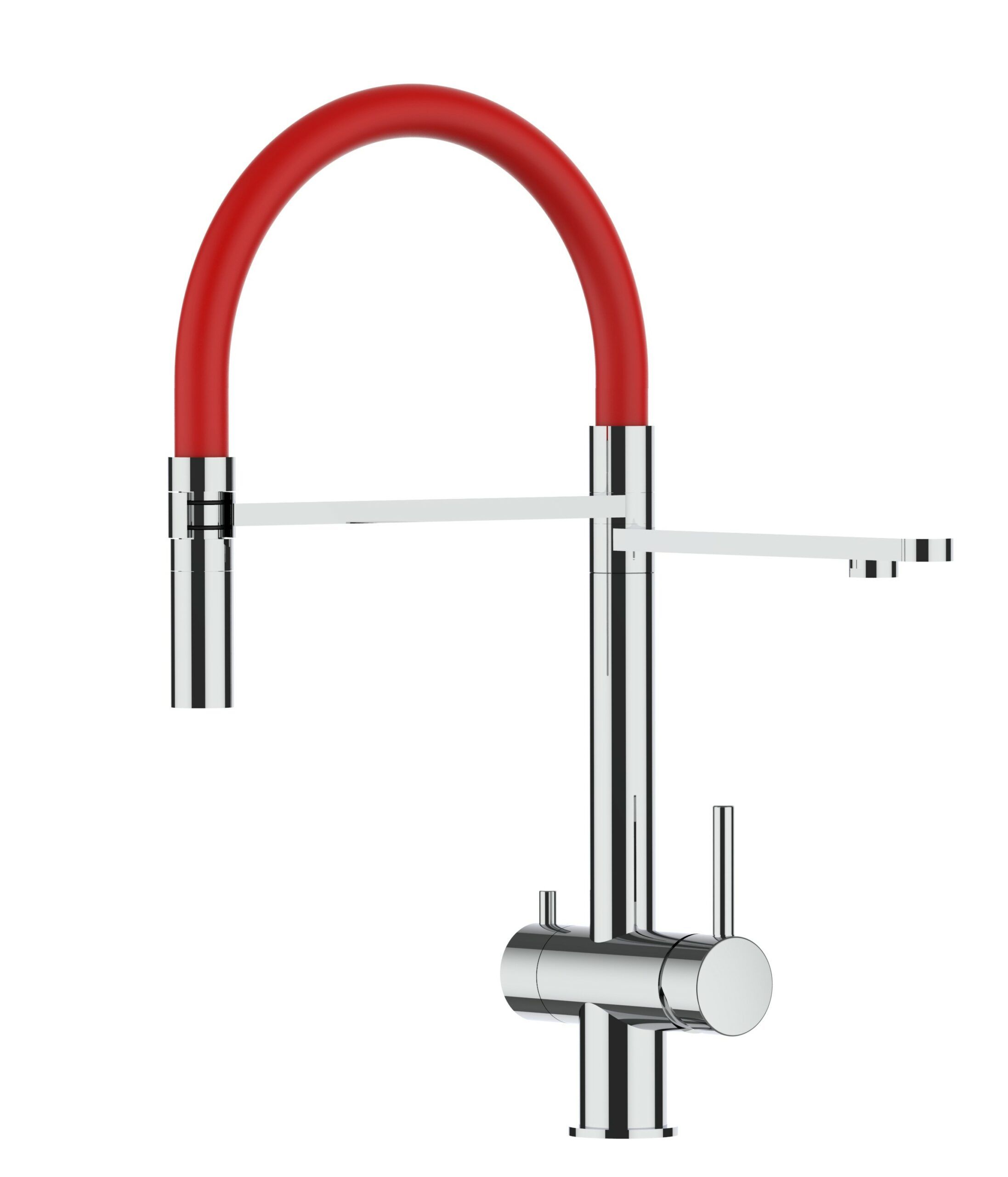 Kurzversion 45CM - 3 Wege Wasserhahn Küchenarmatur, Edelstahl Massiv mit 360° schwenkbarem Auslauf, abnehmbare 2 strahl Handbrause, Hochglanz / Rot