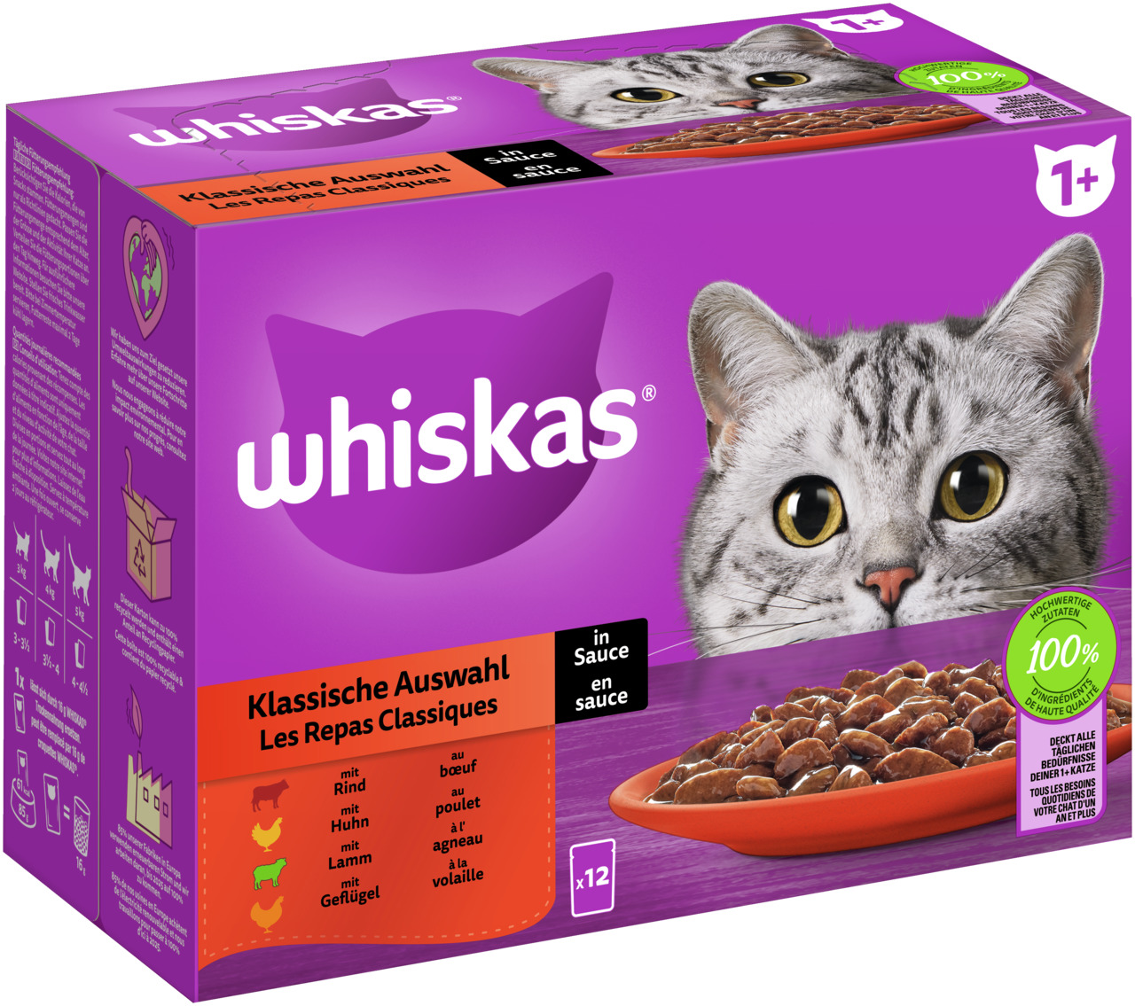 Whiskas 1+ Klassische Auswahl Sauce Multipack 12 x 85 Gramm Katzennassfutter