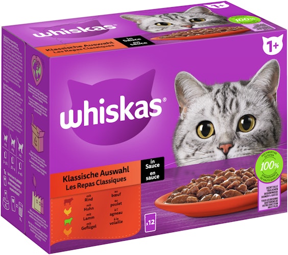 Whiskas 1+ Klassische Auswahl Sauce Multipack 12 x 85 Gramm Katzennassfutter