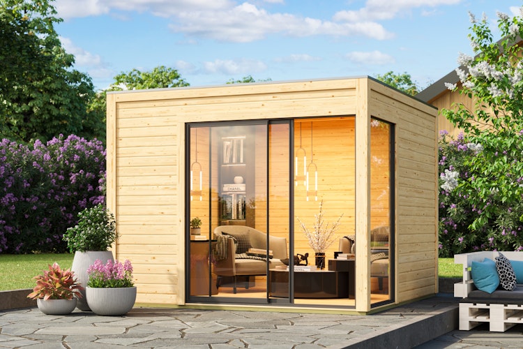 Karibu Design Gartenhaus Dice 1 mit Aluminium Schiebetür - 38 mm (Homeoffice-Gartenhaus)