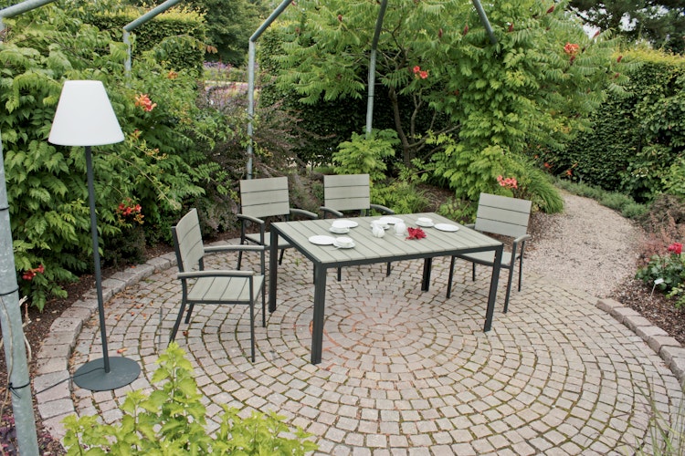 Garden Pleasure Gartenmöbel Set OLIVIA, Tisch 150 x 90 + 4 Stapelsessel, Aluminium Eisengrau/ Nonwood Hellgrau
