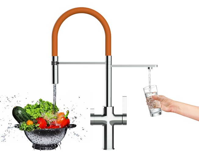 NIEDERDRUCK 3 Wege Wasserhahn Küchenarmatur, FC, mit 360° schwenkbarem Auslauf, abnehmbare 2 strahl Handbrause, Verchromt / Orange