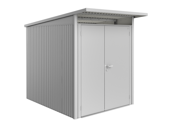 B-Ware Biohort Gerätehaus Avantgarde mit Doppeltür B 180 x T 220 cm (Gr. A1) silber-metallic inkl. Alu-Bodenrahmen 