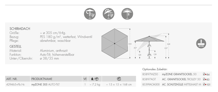 doppler Mittelmastschirm myZONE 305 Auto Tilt, Aluminium Anthrazit / 100 % Polyester 180 g/m²
