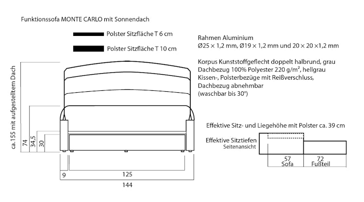 Garden Pleasure Funktionssofa MONTE CARLO, Polyrattan Dunkelgrau / Kissen 100 % Polyester Grau