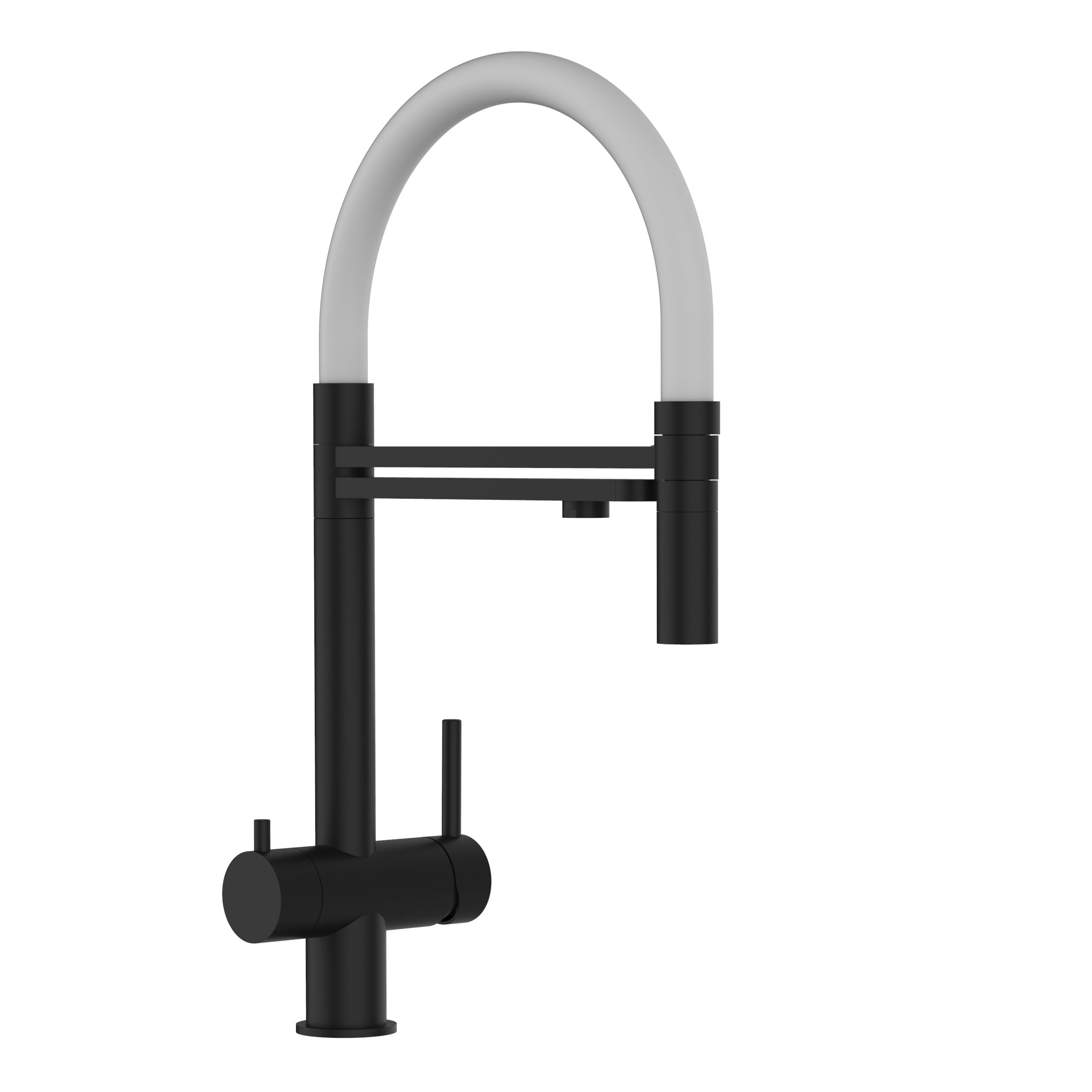 Kurzversion 45 cm - 3 Wege Wasserhahn Küchenarmatur, Edelstahl Massiv mit 360° schwenkbarem Auslauf und abnehmbare 2 strahl Handbrause, PVD Schwarz Matt / Weiß