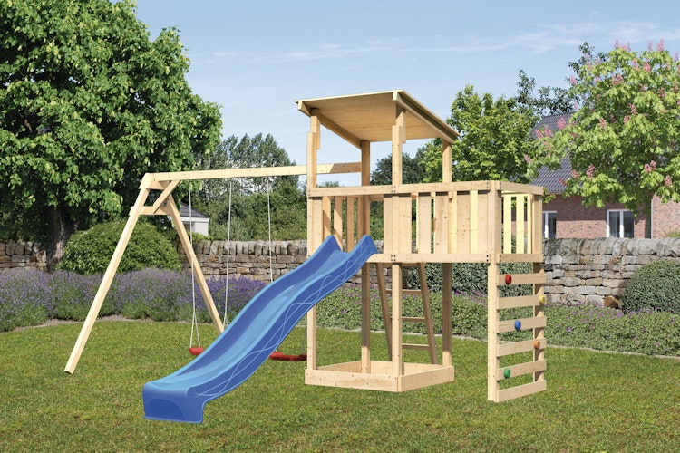 Akubi Kinderspielturm Anna mit Pultdach inkl. Doppelschaukel, Anbauplattform, Wellenrutsche und Kletterwand