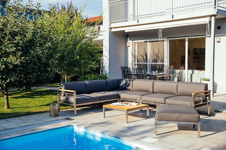 Diamond Garden Lounge-Set GOMERA Sun & Rain, Edelstahl / Teak /Tuvatextil (100 % Polyacryl) Schwarz/Silber