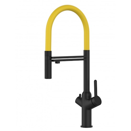 3 Wege Wasserhahn Küchenarmatur, BOD, mit 360° schwenkbarem Auslauf, abnehmbare 2 strahl Handbrause, Schwarz Matt / Gelb