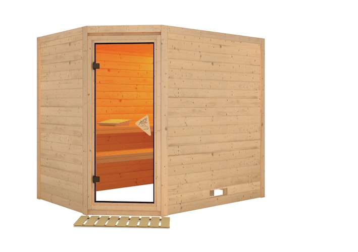 Karibu Sauna Tanami - Massivholzsauna mit Eckeinstieg 38 mm inkl. gratis Sauna-Zubehörset im Wert von 234,94 €