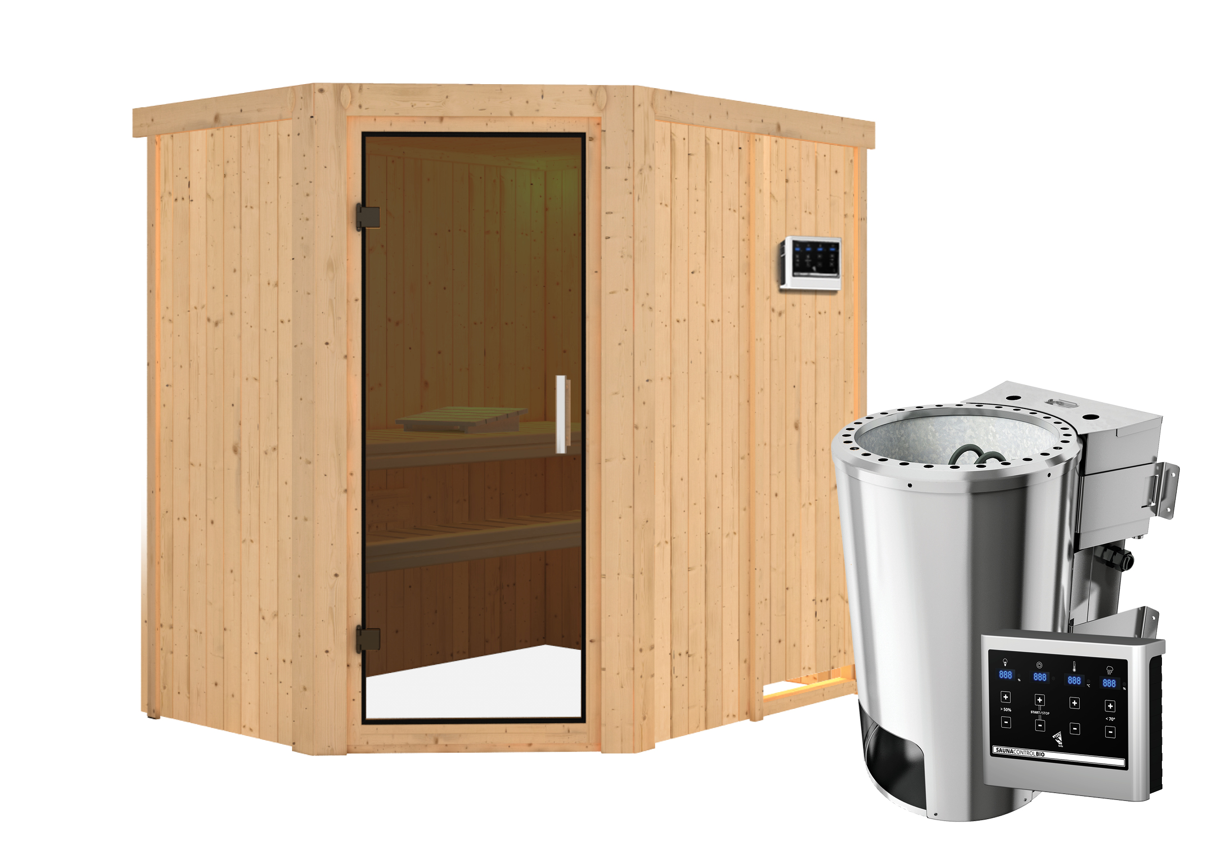 Karibu Sauna Saja - 68 mm Systemsauna - 230 Volt Plug & Play-3,6kW Plug&Play Bio-Kombiofen externer Steuerung Easy-Ohne ...