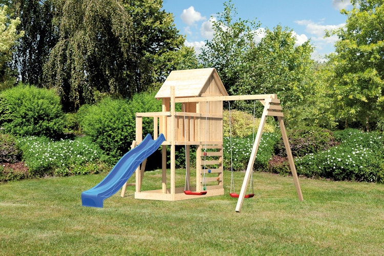 Akubi Stelzenhaus Frieda mit Wellenrutsche, Doppelschaukelanbau und Kletterwand