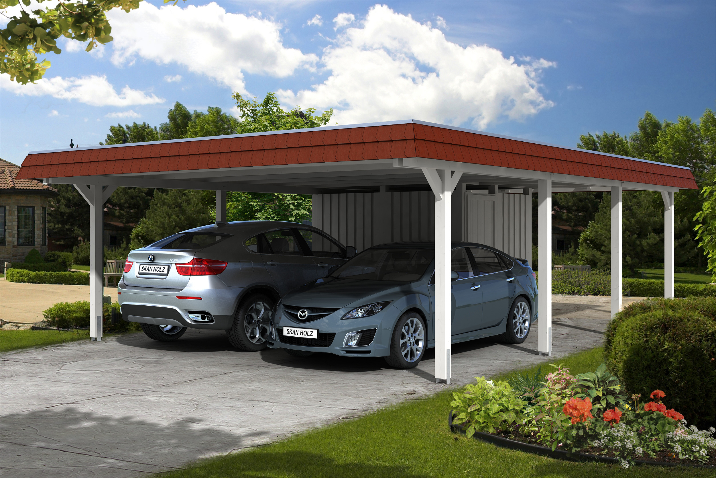 Carport Wendland 630x879 rote Blende, weiß, mit Abstellraum, Dachschalung und EPDM Holzcarport